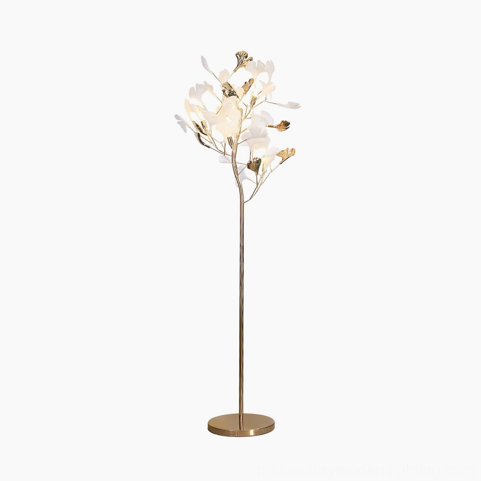 Ginkgo Leaf Floor Lamp full profile view with white marble base, polished gold metal structure, ceramic ginkgo leaves on white background
