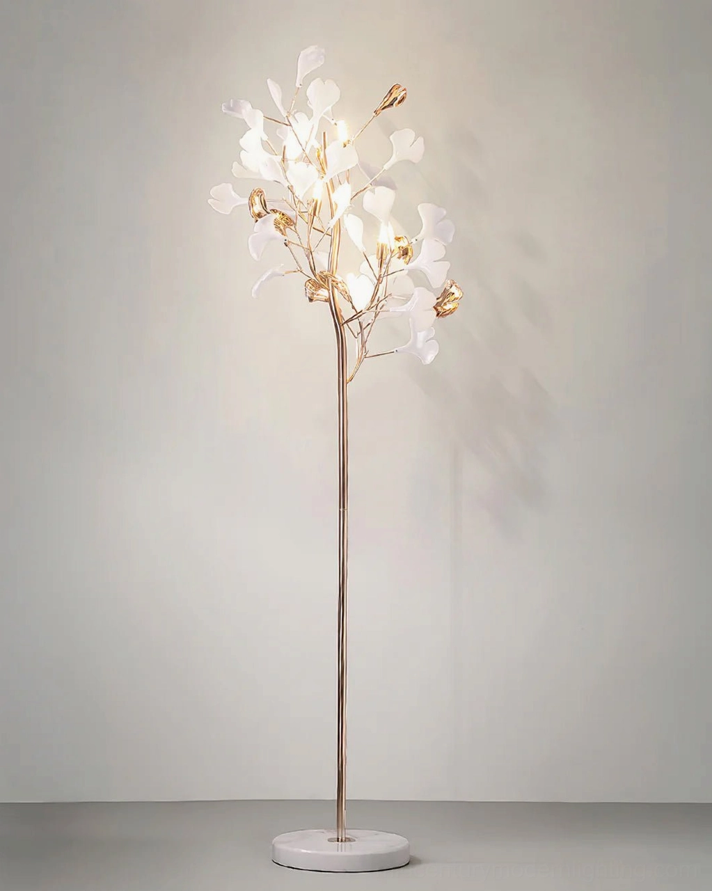 Ginkgo Leaf Floor Lamp full height side view showcasing proportions, polished gold metal pole, white ceramic elements, marble base stability