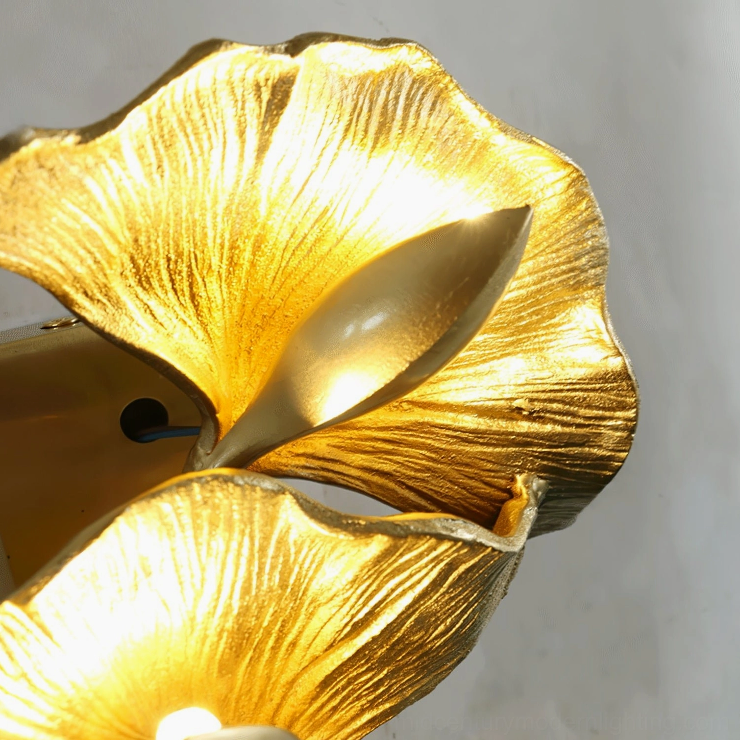 Ginkgo leaf wall sconce extreme close-up glowing illuminated surface embossed leaf texture brass