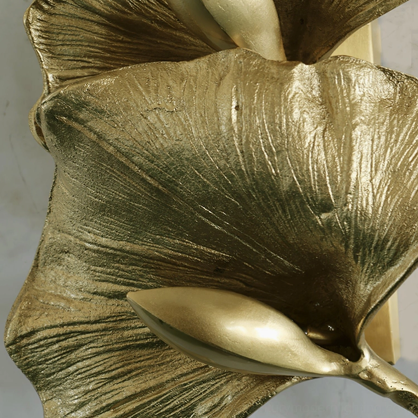 Ginkgo leaf lamp close-up detail embossed leaf veins polished metal brass gold finish macro