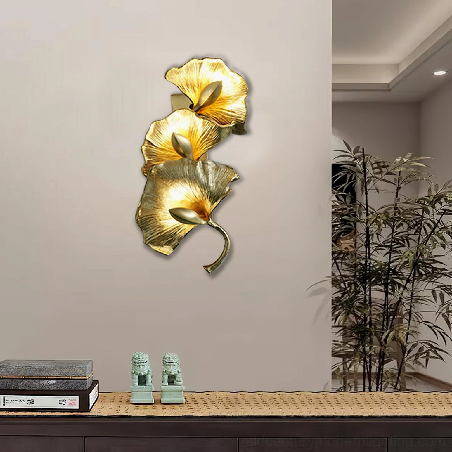 Ginkgo leaf wall lamp minimalist entryway console table plants luxury home decor botanical
