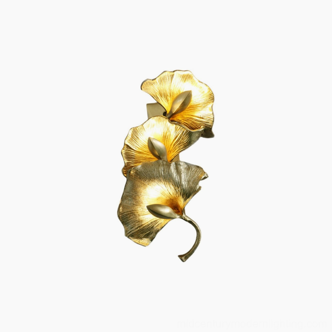 Ginkgo leaf wall lamp front view brass gold finish mid-century modern sconce fixture