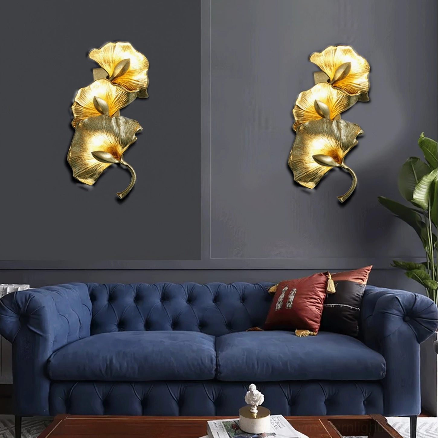 Ginkgo leaf wall lamps luxury living room blue tufted sofa modern home decor pair installation