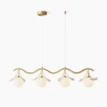 4-head ginkgo linear chandelier overhead view, brushed brass frame with white frosted glass shades