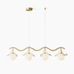 4-head ginkgo linear chandelier overhead view, brushed brass frame with white frosted glass shades