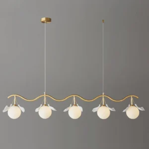 5-head ginkgo linear chandelier front view, wavy brass frame with frosted glass globes and white ginkgo leaf accents