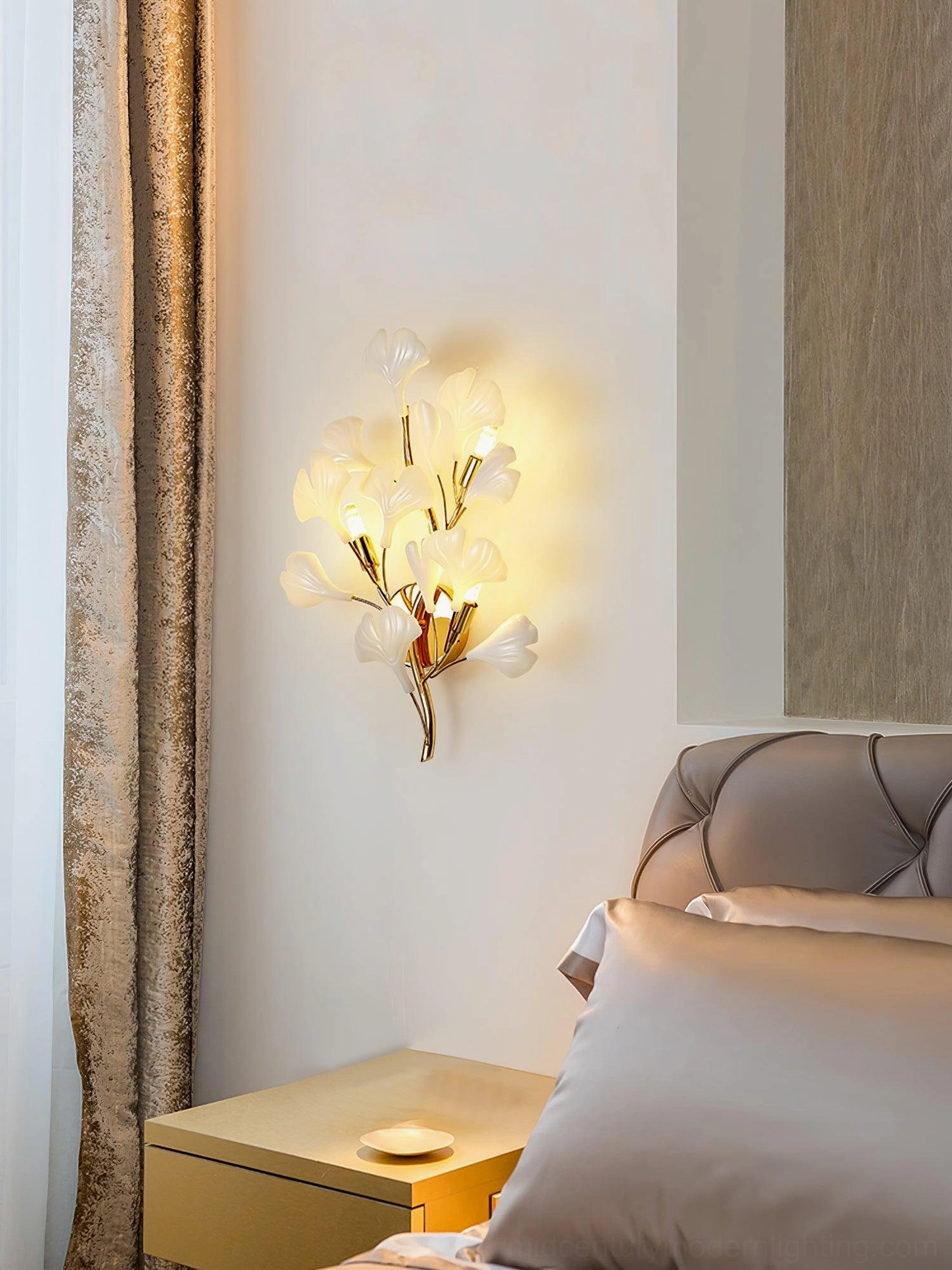 Ginkgo wall sconce in bedroom corner, distant view with sheer white curtain and minimalist furniture, warm illumination