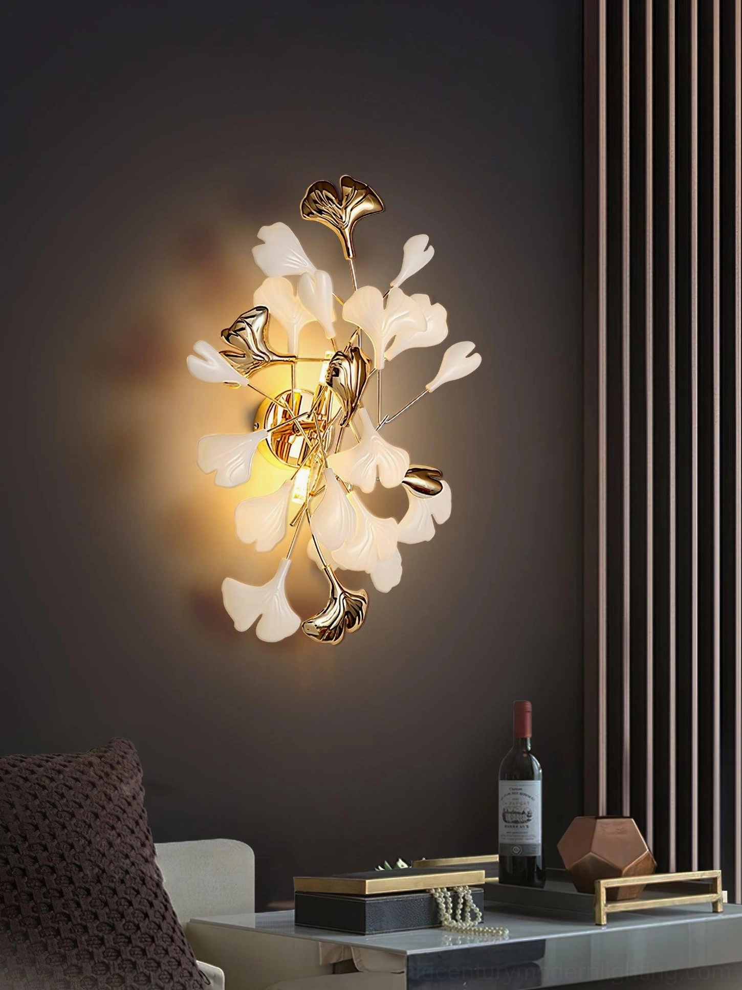 Ginkgo wall sconce installation example, bedroom feature wall, botanical ceramic light fixture