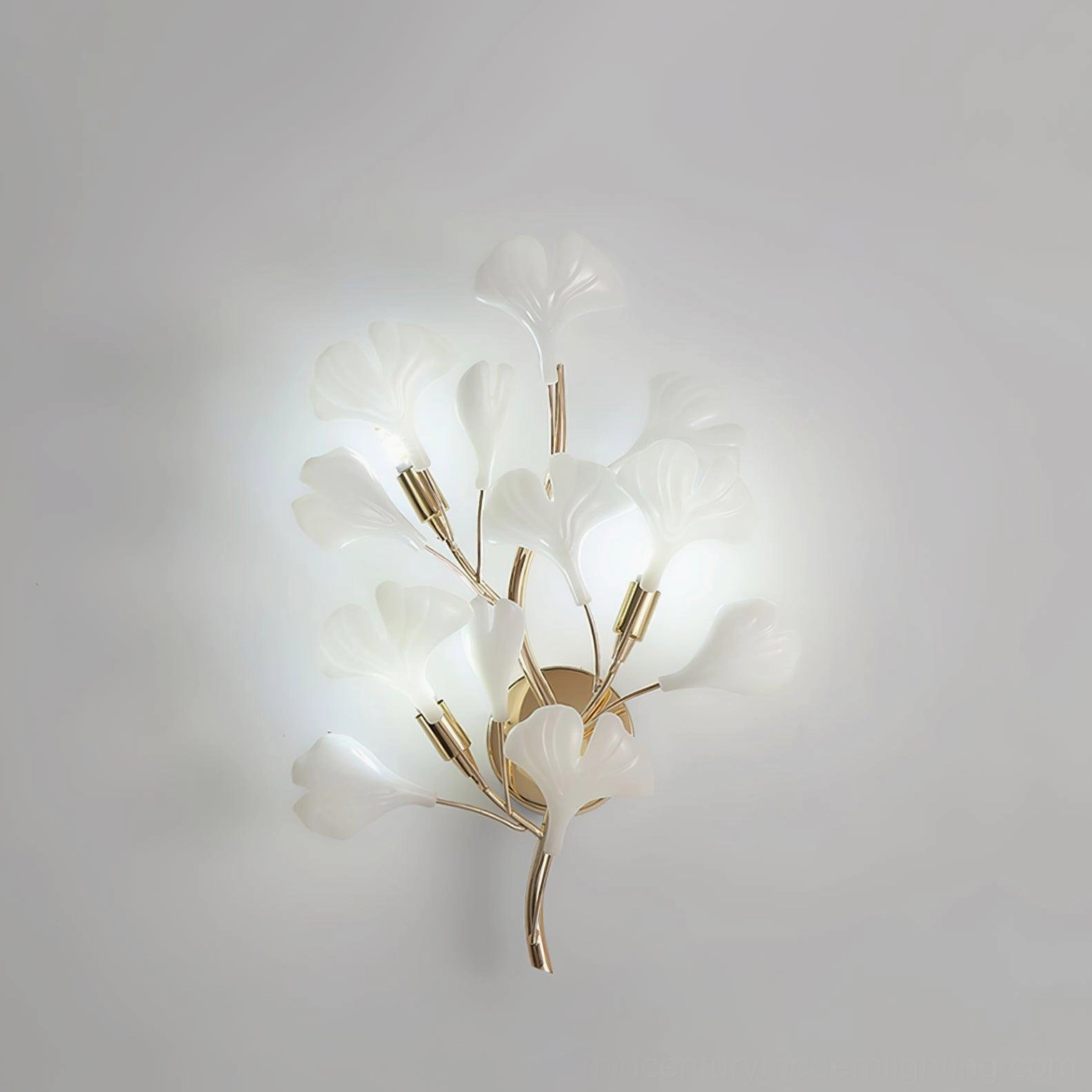 Ginkgo wall sconce detail close-up, ceramic leaf chamber details, light socket positioning