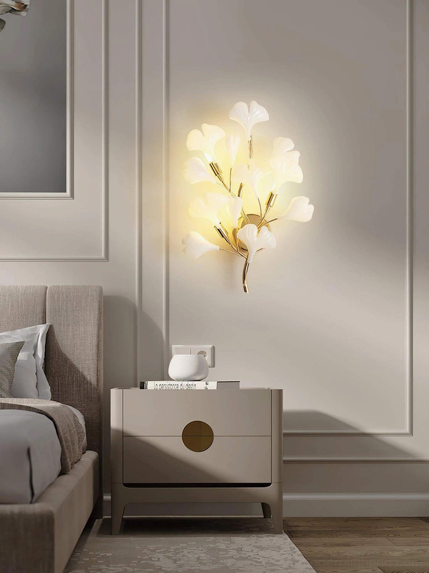 Ginkgo wall sconce studio detail shot, gold and white ceramic materials, four G9 socket positions visible