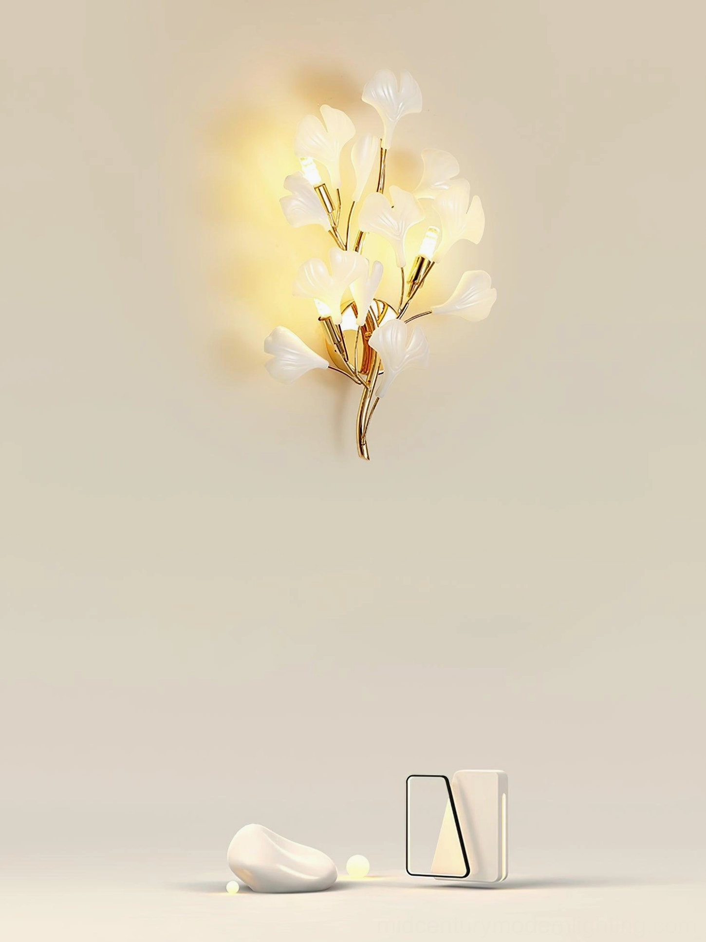 Ginkgo leaf sconce double installation concept, two units flanking wall space, symmetrical gallery display