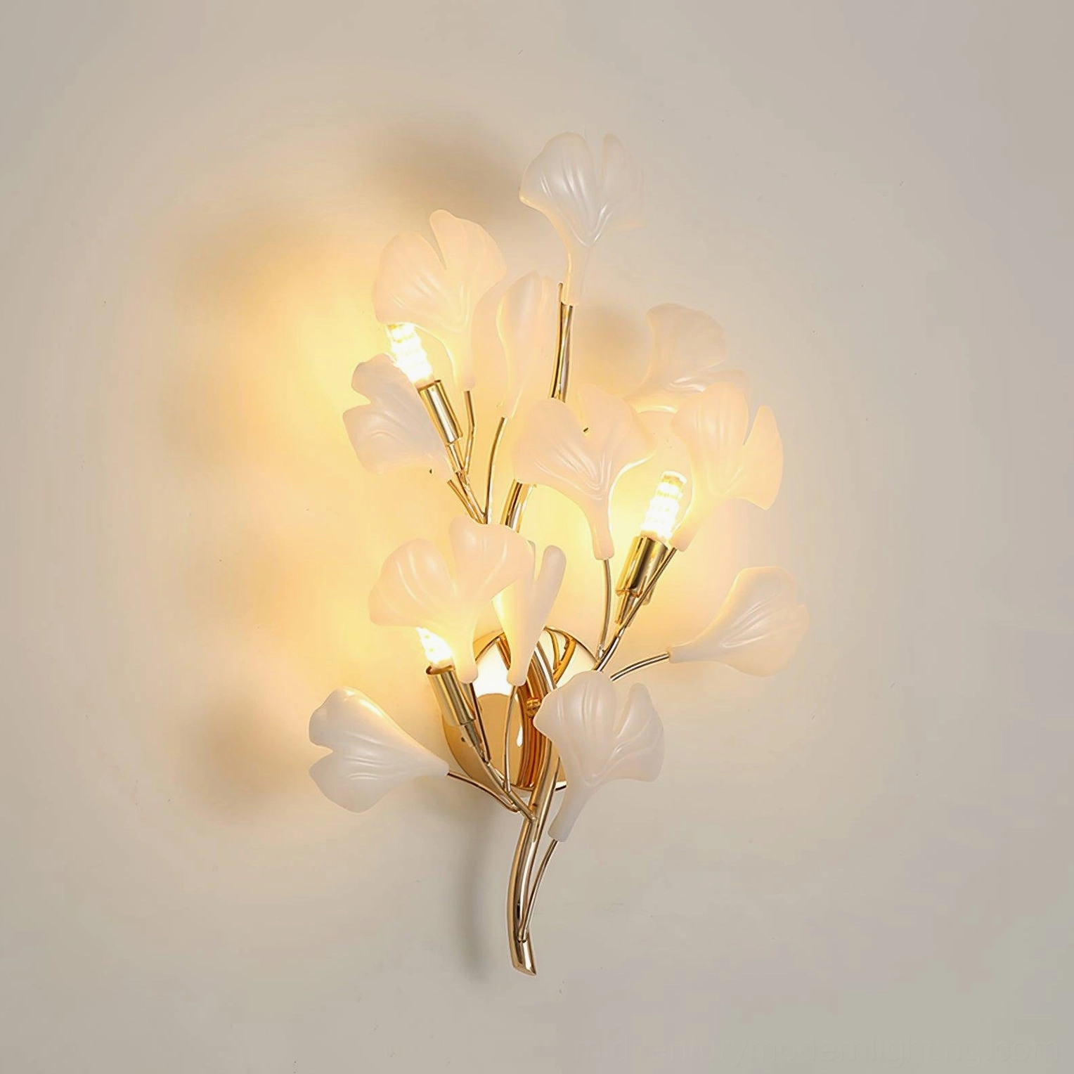 Ginkgo wall sconce material texture, gold metalwork and white ceramic finish study, mid-century modern craftsmanship
