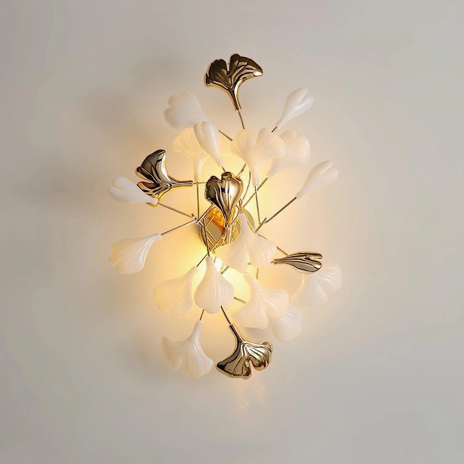 Ginkgo wall sconce Model B larger size comparison, studio display, 15.7 inches width ceramic botanical