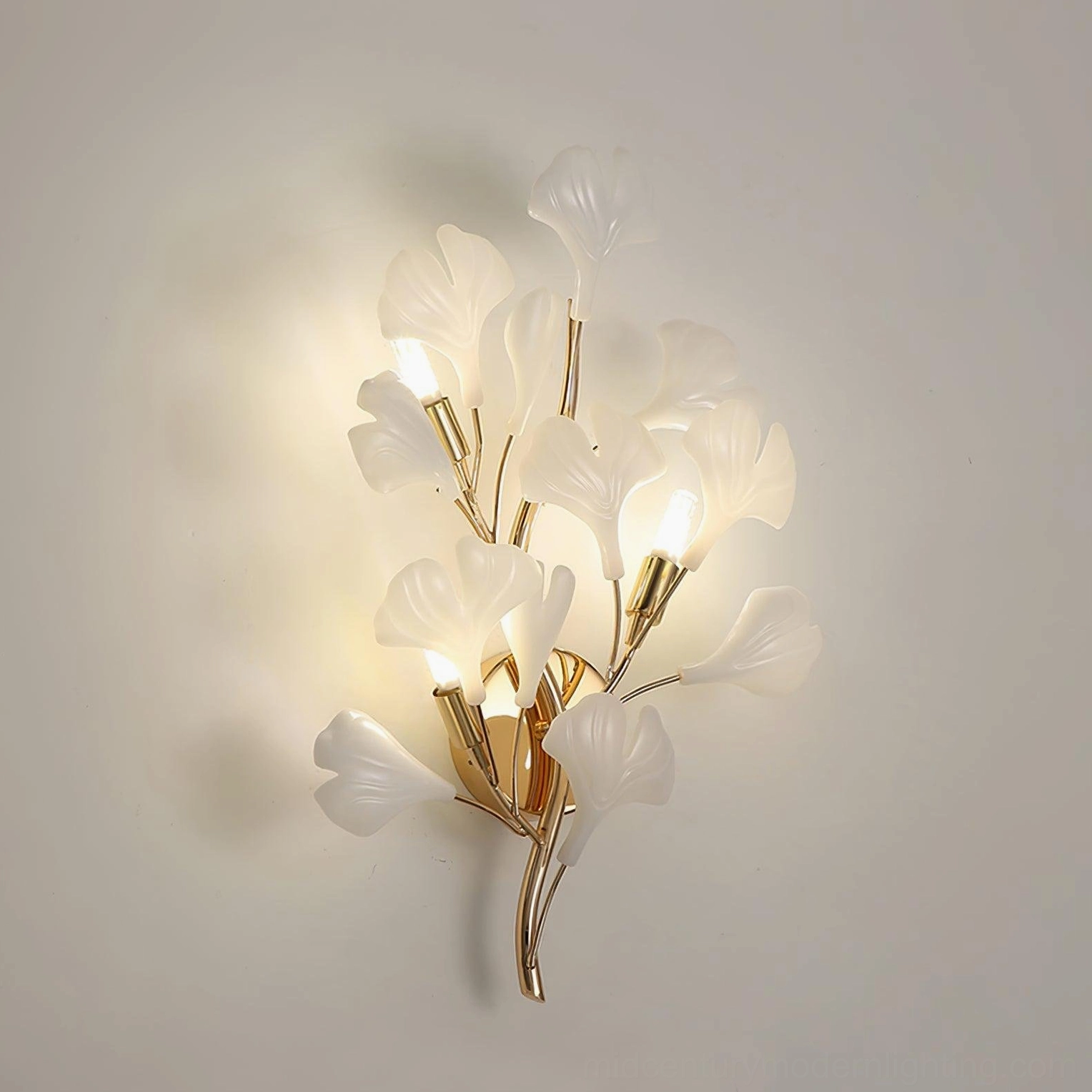 Ginkgo leaf sconce Model B larger scale installation, living room statement wall, gold metal botanical light