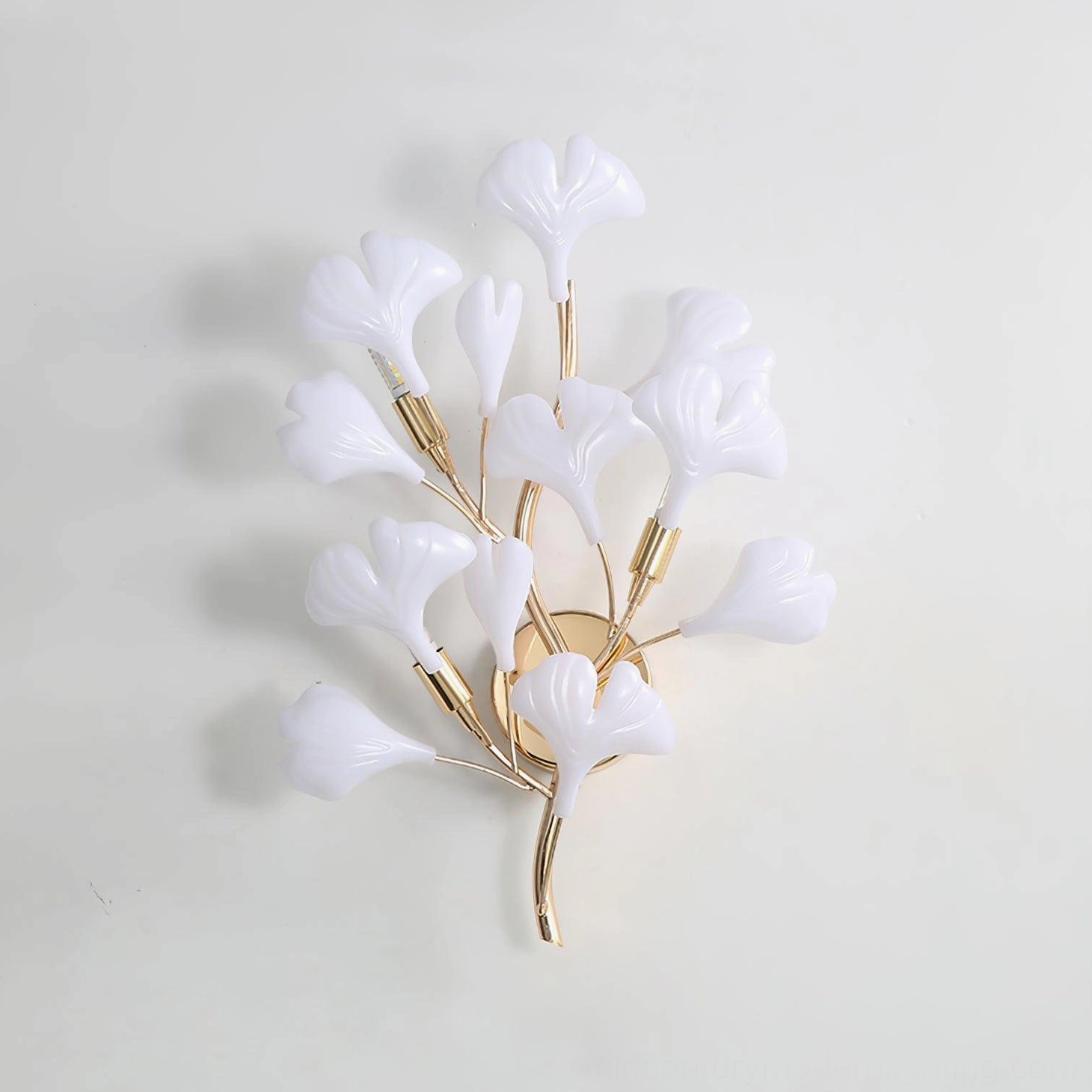 Ginkgo leaf sconce ceiling mounted perspective, overhead view, botanical form shadow cast, installation angle