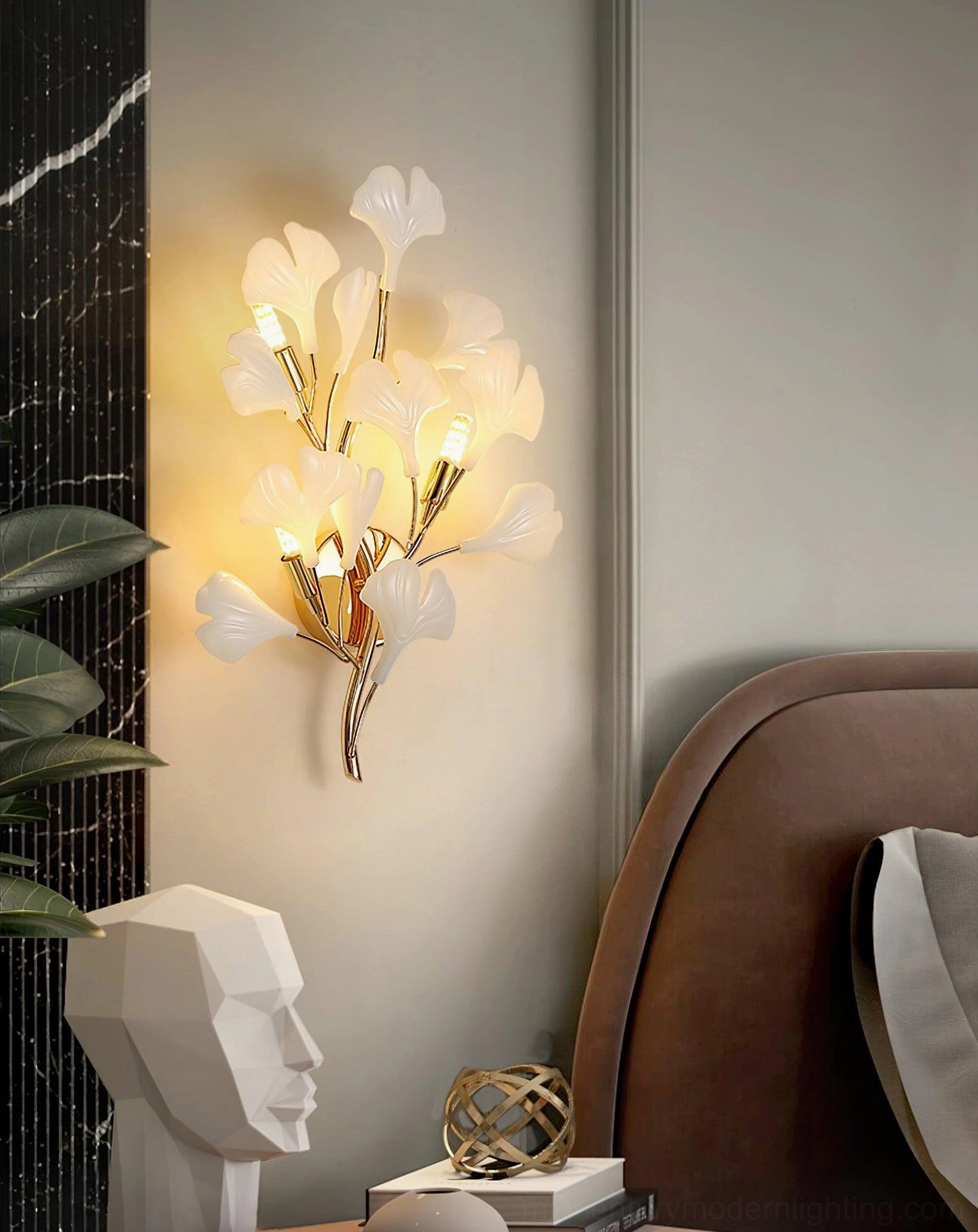 Ginkgo wall sconce studio display, overhead angled view, complete botanical form, mid-century modern fixture