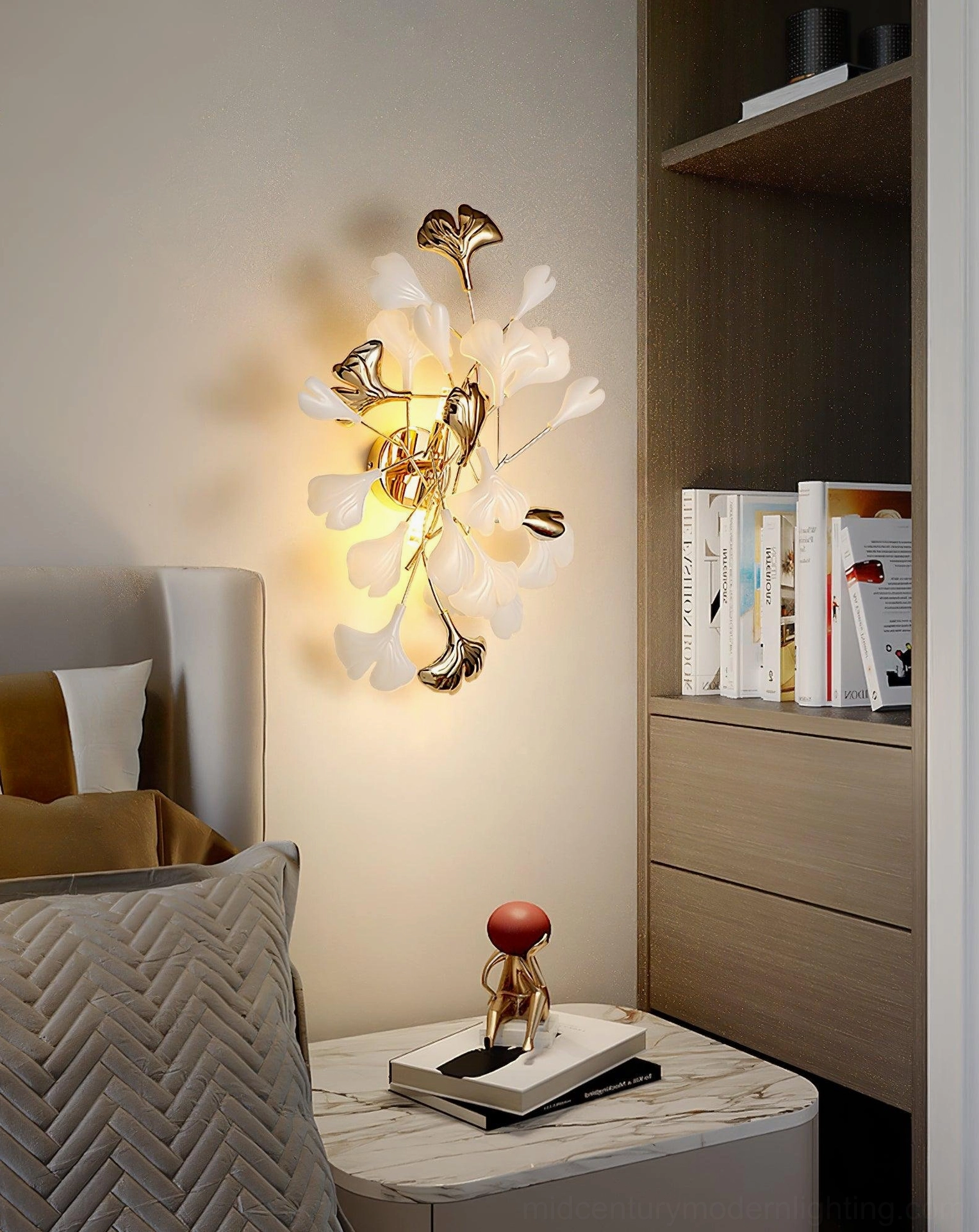 Ginkgo wall sconce studio profile view, side-facing botanical form, gold and white two-tone finish