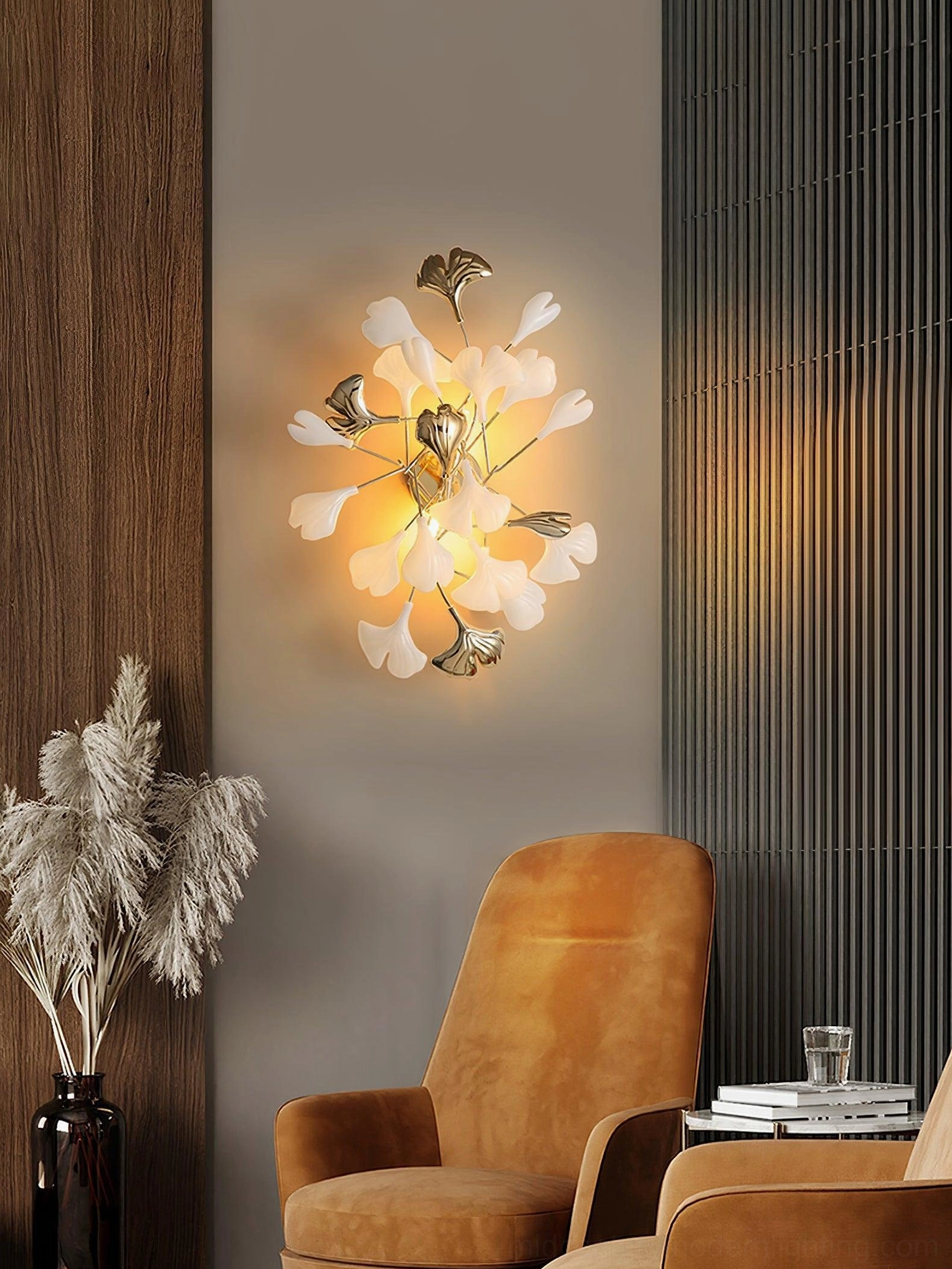 Ginkgo leaf wall sconce studio light study, illuminated detail, warm glow from multiple G9 sockets