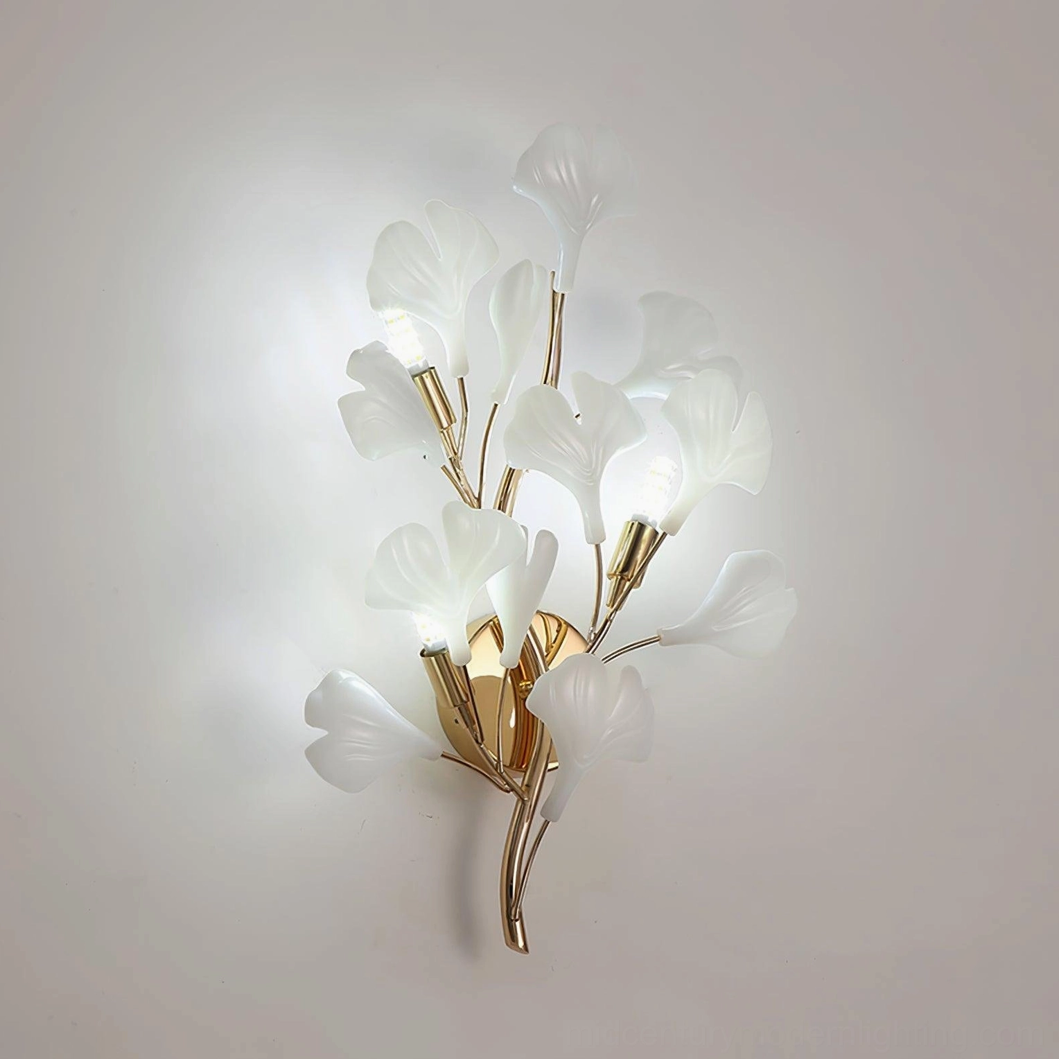 Ginkgo wall sconce studio white background, front facing, complete sculptural botanical fixture, gold and white