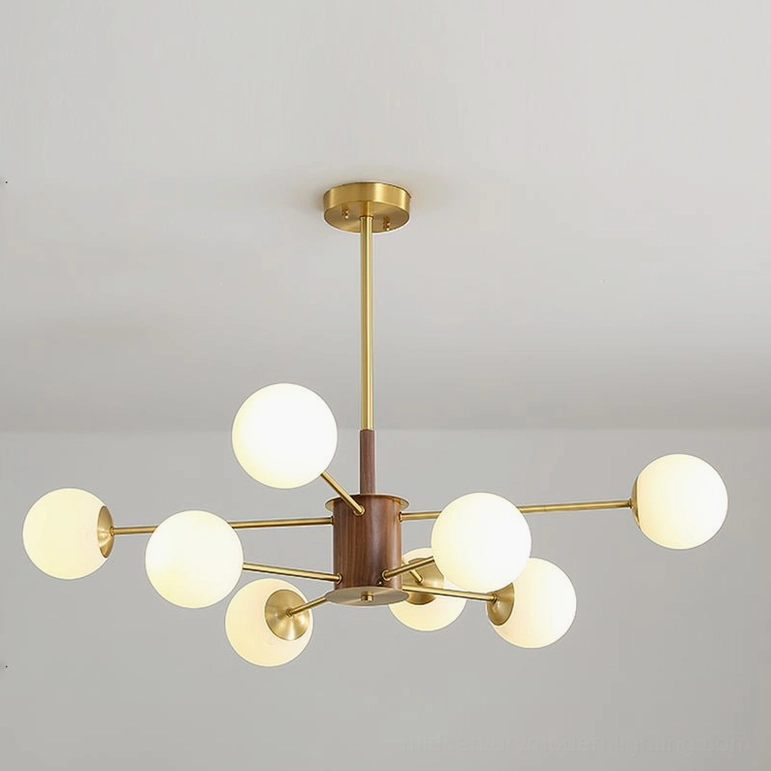 Gino 6-head glass globe chandelier brass and walnut mid-century modern design side view