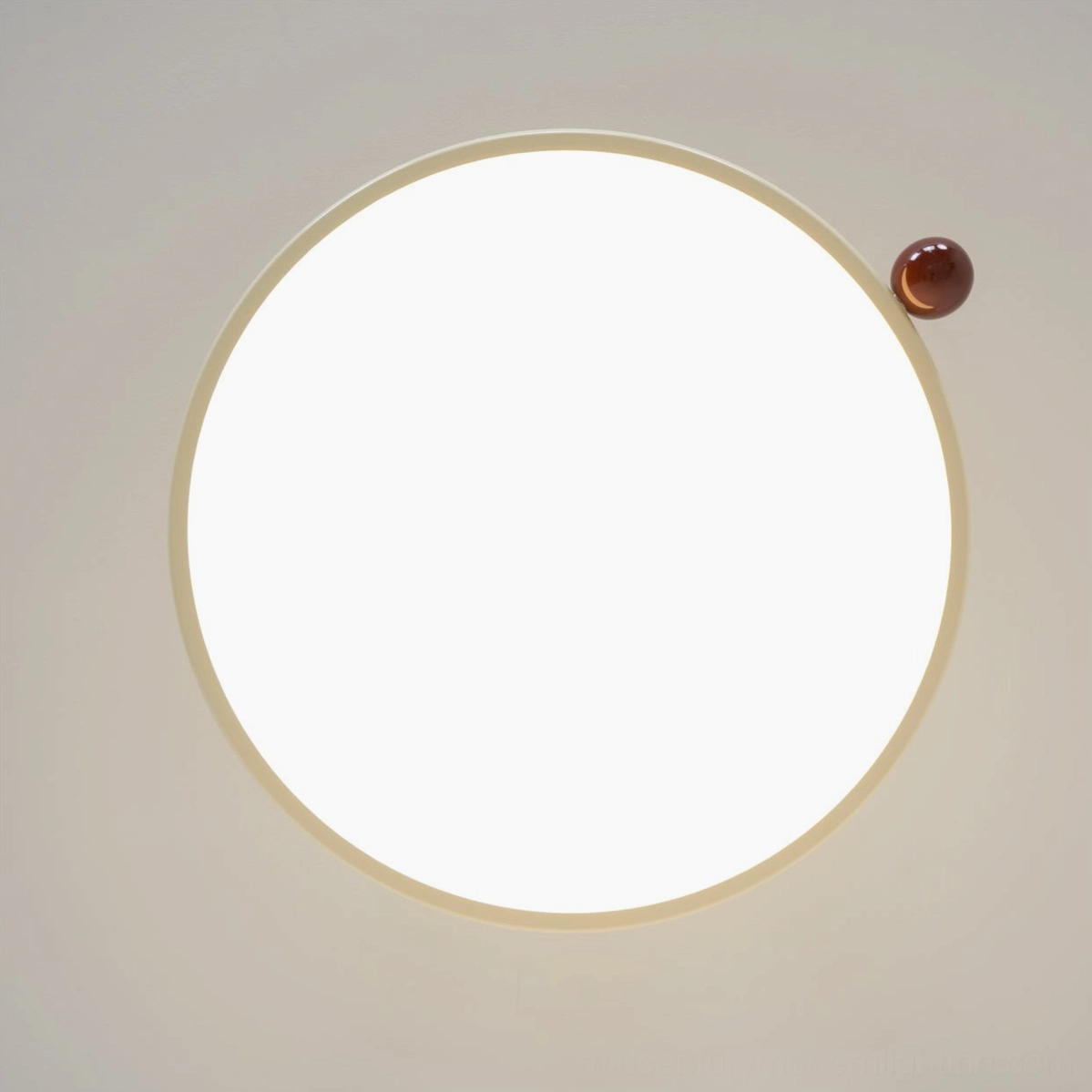 Gino ceiling lamp in beige brown with double burgundy spherical support structure, low-angle side studio view