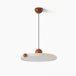Gino disc pendant light front view showing cream and brown mid-century modern design on white background
