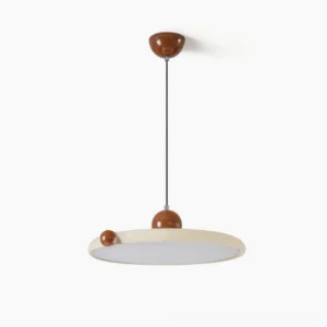 Gino disc pendant light front view showing cream and brown mid-century modern design on white background