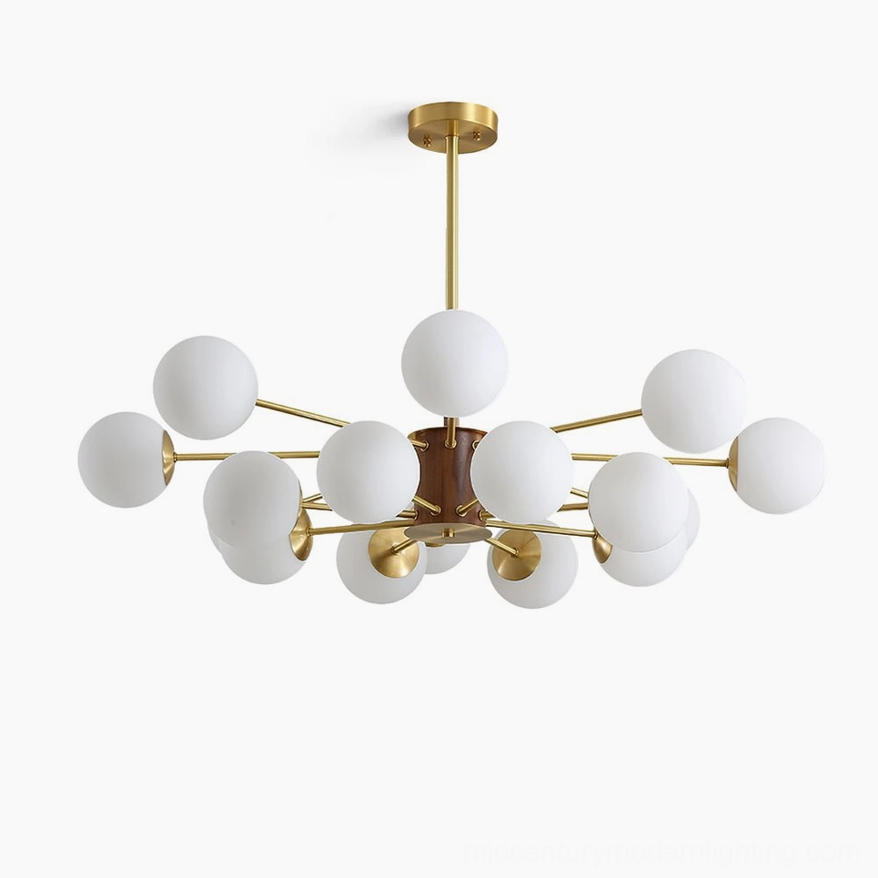 Gino mid-century modern glass globe chandelier with brass arms and walnut wood hub, front studio view