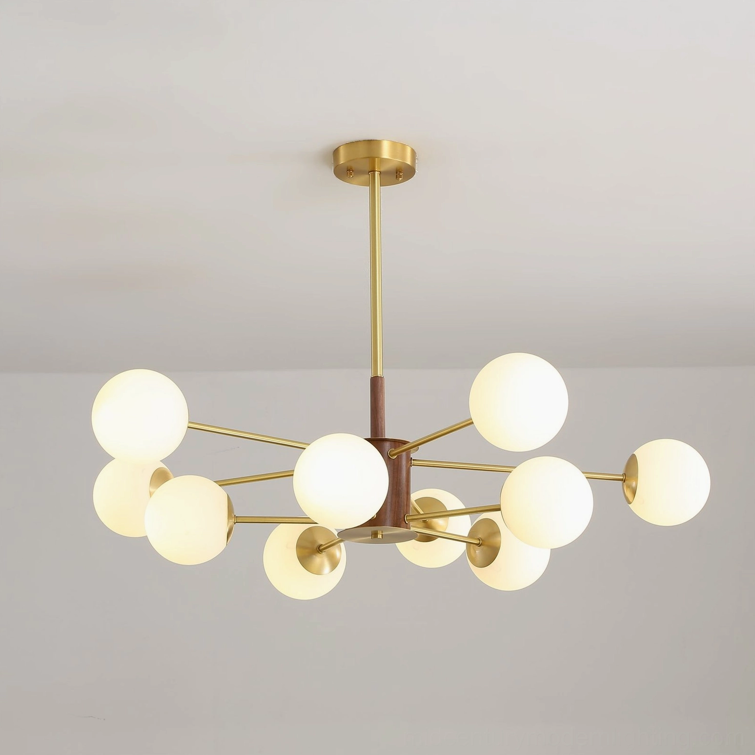 Gino mid-century modern chandelier walnut wood center brass arms frosted glass spheres