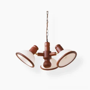 Girona Mia 3-head wooden branch chandelier with white enamel shades and walnut wood frame, studio front view