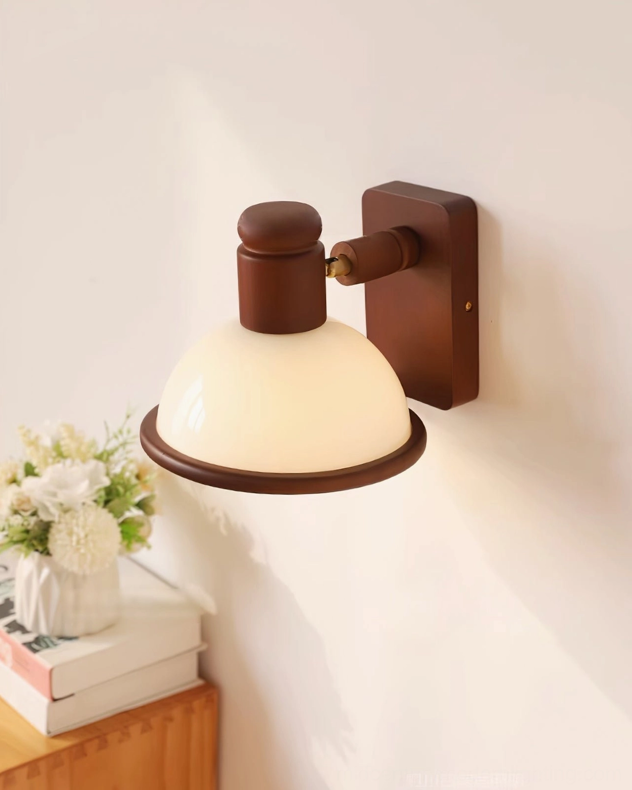 Compact retro wall light with warm neutral wood tones, low side view showing architectural proportions