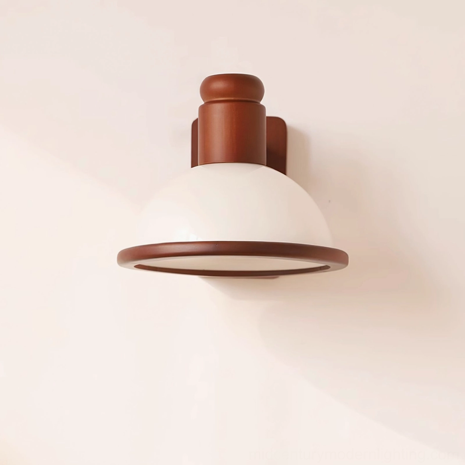 Dome-shaped minimalist wall sconce with solid wood hardware, flat overhead view on studio background