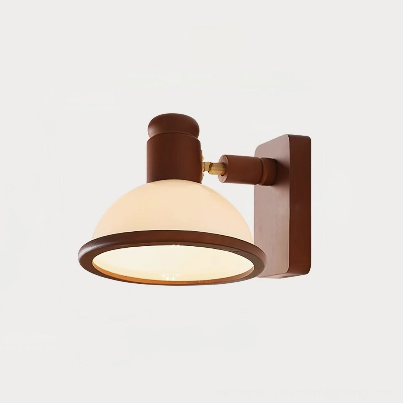 Downward illuminating mid-century wall lamp with brown mounting bracket, bottom angle view of light distribution