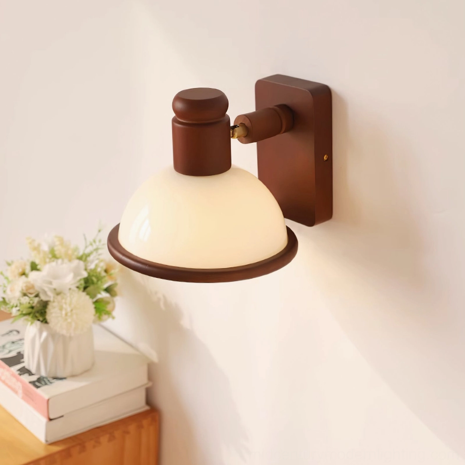 Minimalist retro wall light fixture in solid wood finish, side front angle view in modern home setting