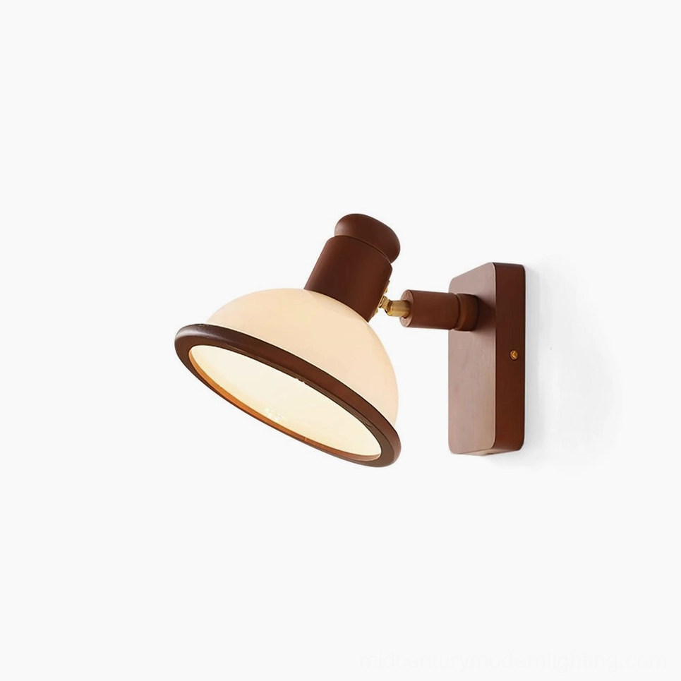 Girona Mia mid-century modern wall sconce in walnut wood with white cream shade, product lifestyle shot