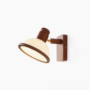 Girona Mia mid-century modern wall sconce with walnut wood frame and cream glass shade, front view