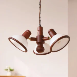 Close-up detail of Girona Mia chandelier showing walnut wood branching frame and frosted white glass shades with exposed E27 bulbs