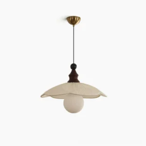 Giselle pleated fabric pendant light studio view - mid-century modern design with walnut wood and brass ceiling cap