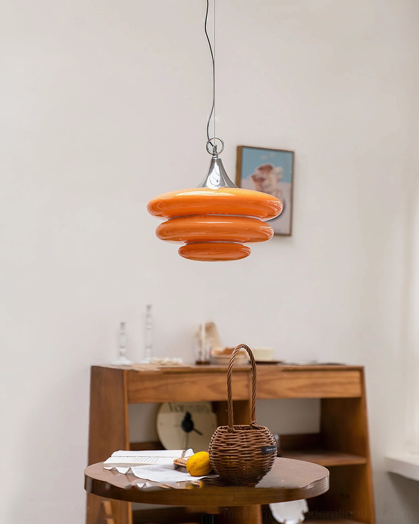 Unlit orange saucer stacked disc pendant light dining corner wooden furniture residential home