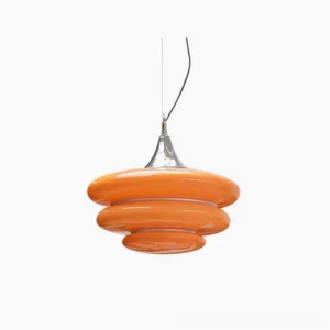 Gispen orange tiered pendant light front view with stacked glass discs and chrome fixture on white background