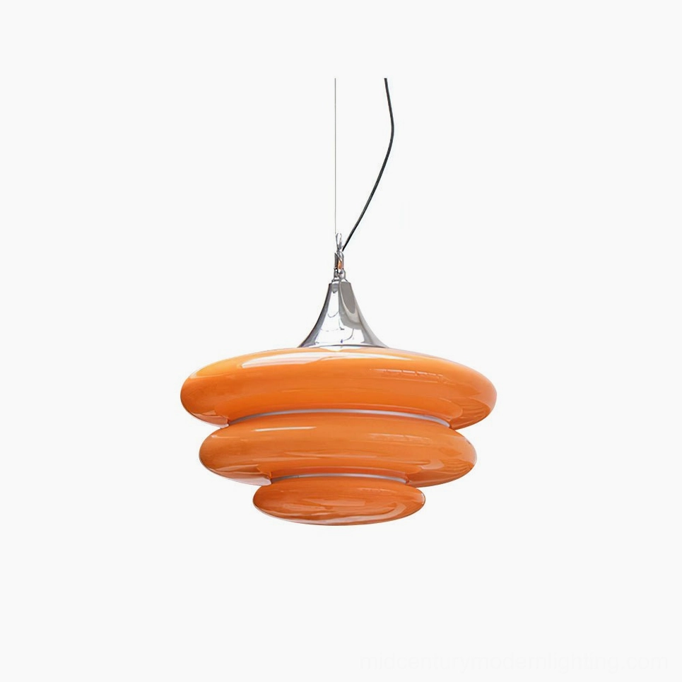 Gispen orange tiered pendant light front view with stacked glass discs and chrome fixture on white background