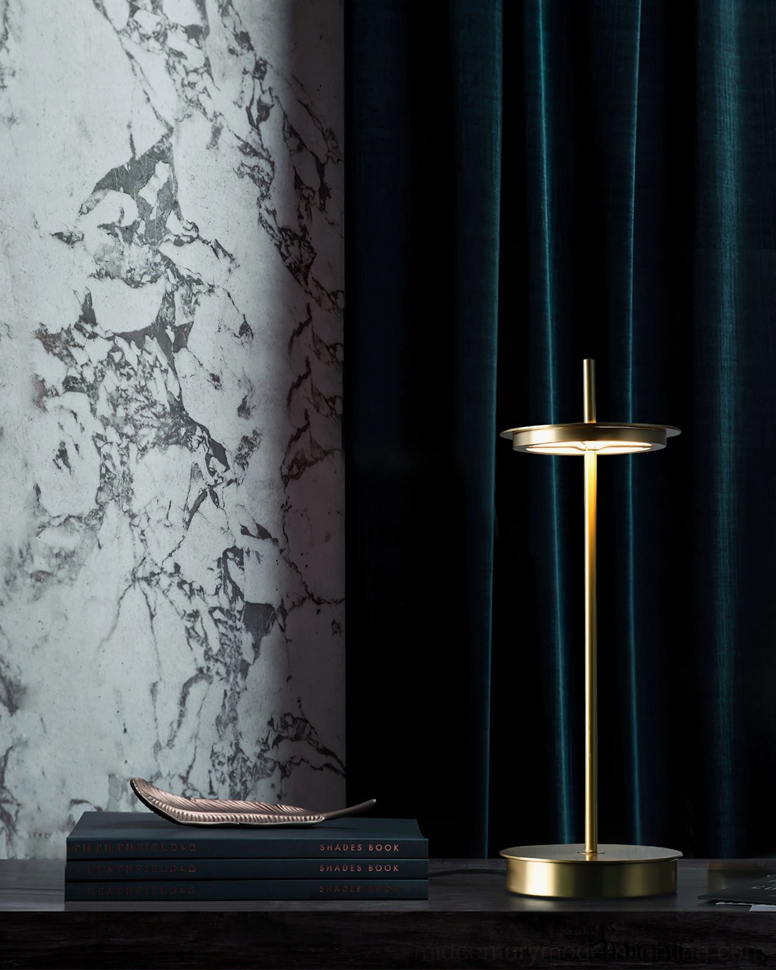 Giulietta minimalist disc table lamp on console table in modern monochromatic interior with neutral palette