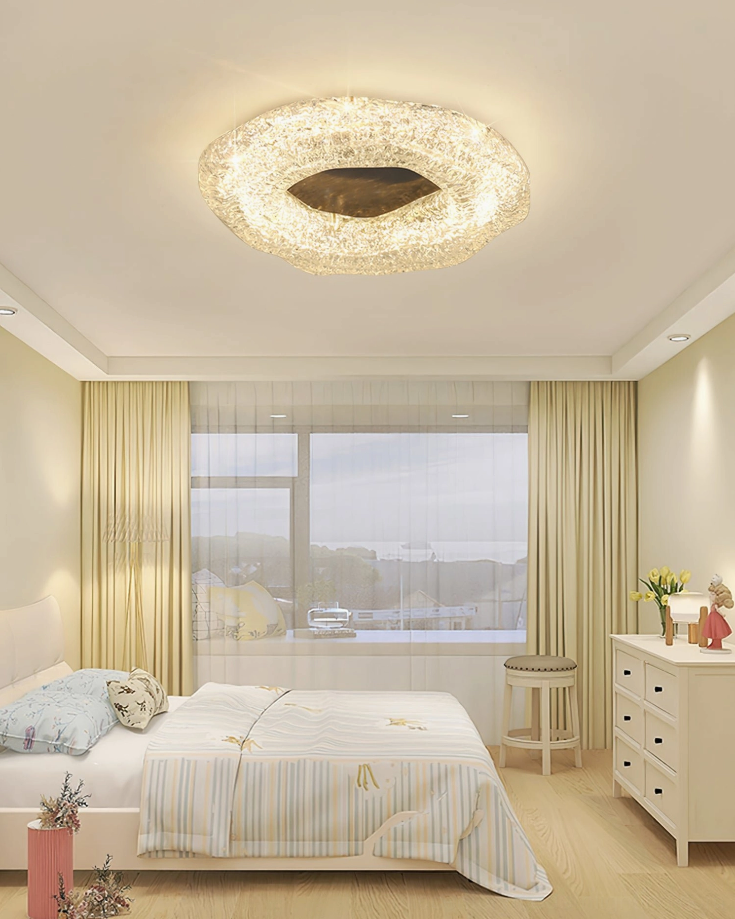 Contemporary ceiling light in bedroom with striped bedding - cozy warm lighting atmosphere
