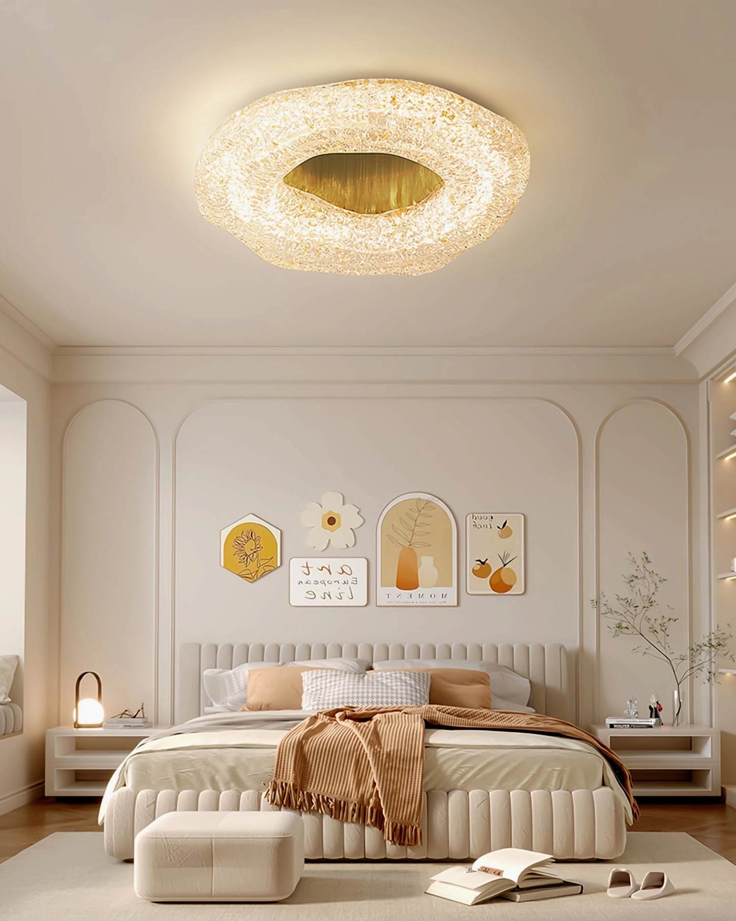 Elegant master bedroom with wall art and glacial ceiling light - warm cracked glass texture