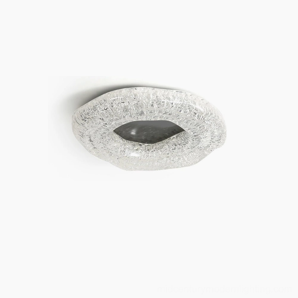 Glacial resin ceiling light top view - frosted cracked glass pattern on white background