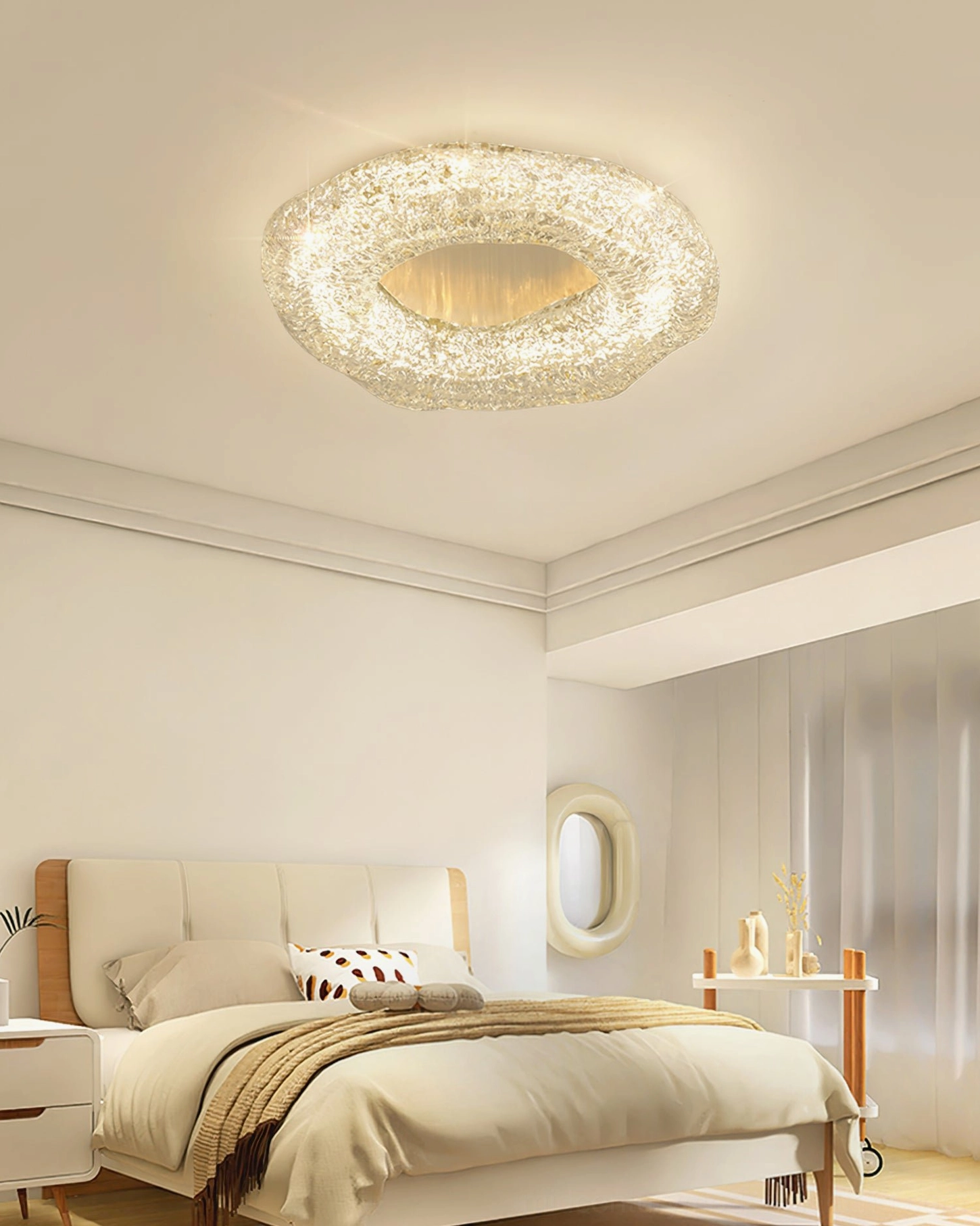 Warm yellow ceiling light fixture in bedroom with vanity decor - dark inner base detail