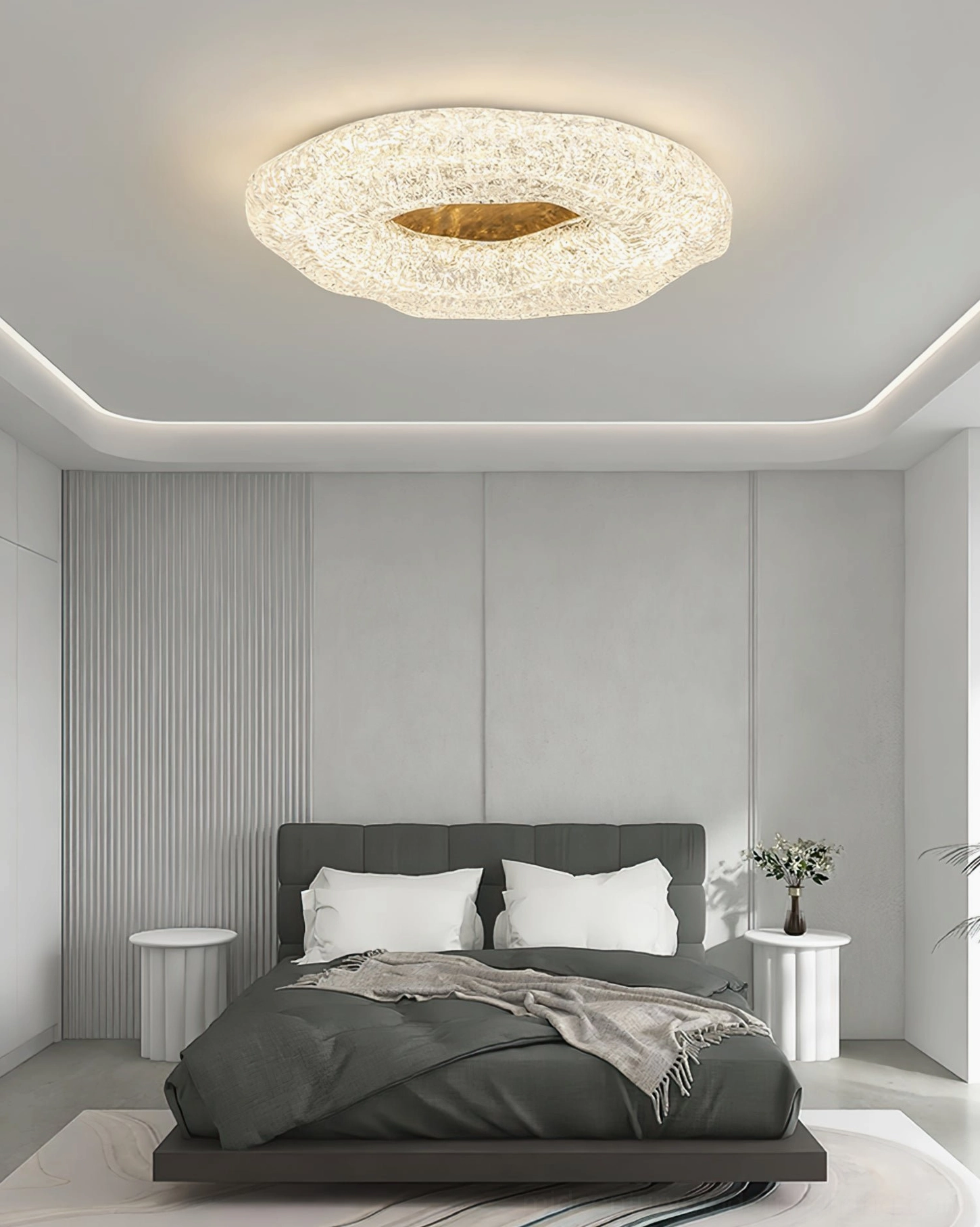 Warm white flush mount ceiling light in grey-toned bedroom - cracked glass design
