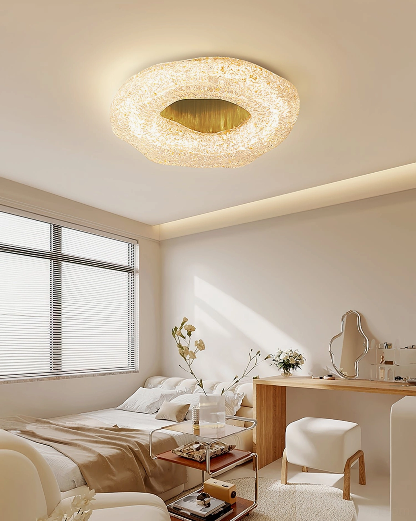 Textured frosted glass flush ceiling lamp in minimalist vanity bedroom - golden glow