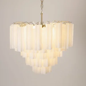 Glacier Tubular Chandelier illuminated warm white light close-up frosted glass tubes