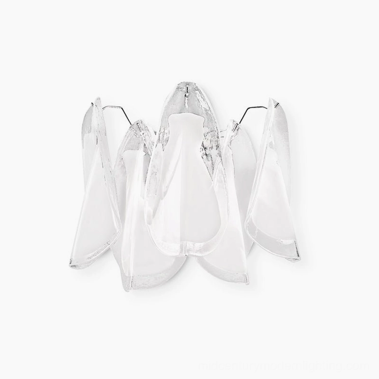 Glacier modern glass wall lamp full front view with dual-tone frosted white and clear petal design